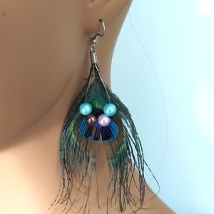 Peacock Feathers Beaded Hanging Earrings